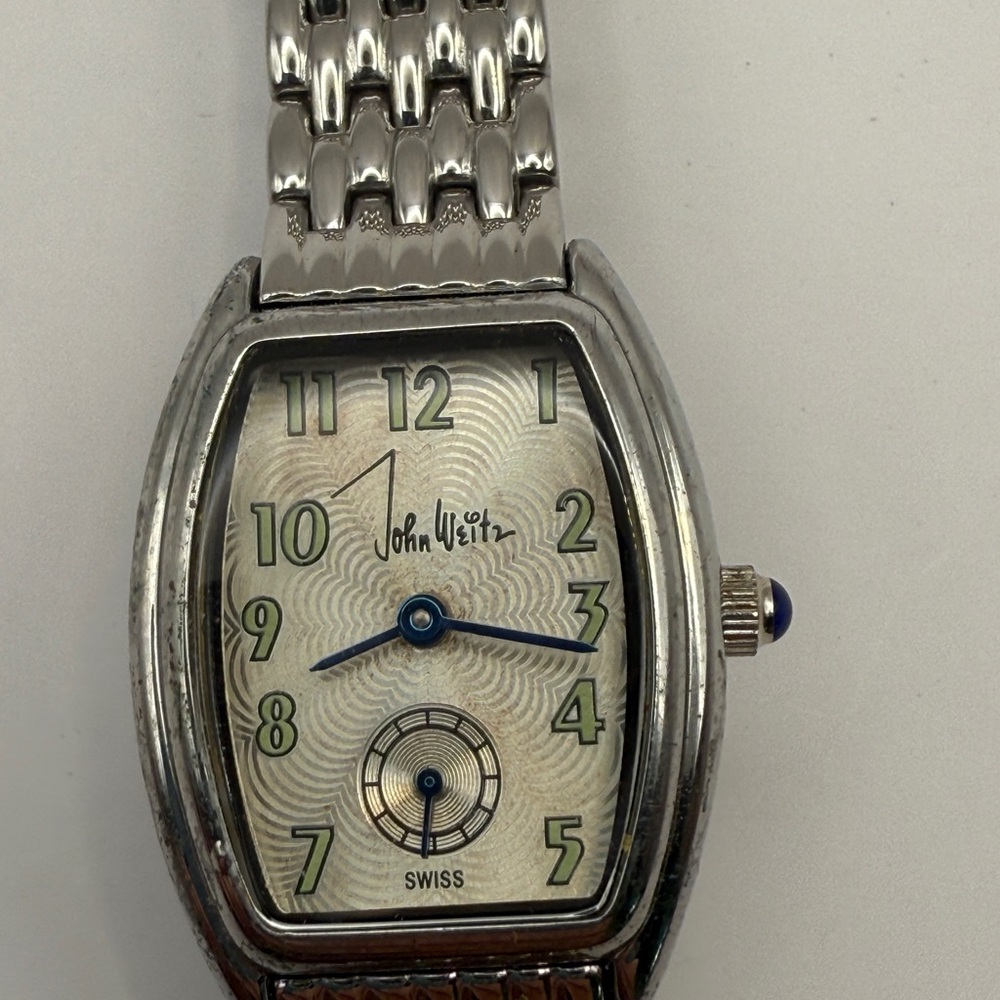 John Weitz Women's Silver Watch with Blue Accents